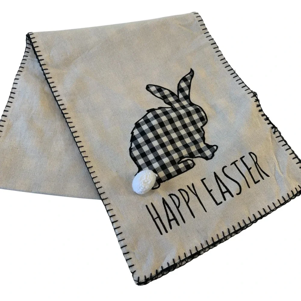 MStyle Easter Bunny Table Runner Buffalo Check Farmhouse Black White Linen Blend